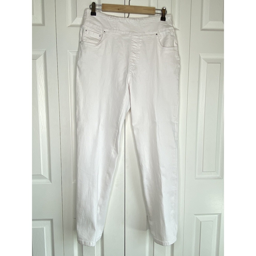White Jeans Pull-on Denim Pants Comfort Waistband Pockets Tapered Leg  Sz 10